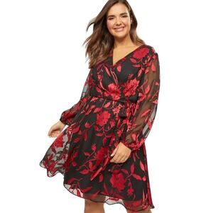 Lane Bryant Floral Chiffon Faux-Wrap Dress Size 24 Red Floral Holiday Valentines